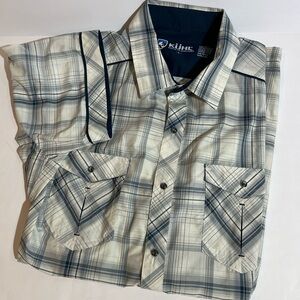 Kuhl Konquer Shirt Men Large Western Pearl Snap Beige Blue Plaid Outdoors Hiking